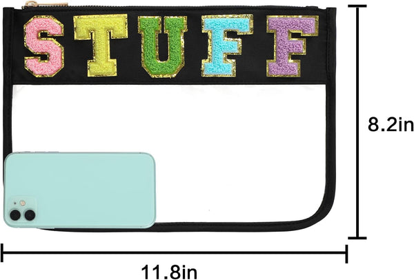 DYSHAYEN Chenille Letter Clear Zipper Pouch for Travel,Nylon Clear Cosmetic Bag,Makeup Travel Bag for Women Girls 11.8 Inches x 8.2 Inches Black-Stuff