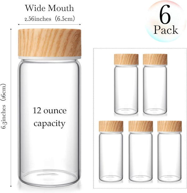 Nuogo 6 Pack Glass Bottles with Lids 12 Oz Juicing Bottles Reusable Wide Mouth Glass Cups Airtight Leak Proof Drinking Milk Water Tea Cups for
