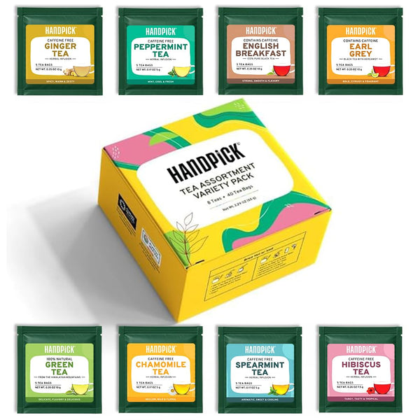 HANDPICK, Tea Bags Sampler Assortment Variety pack Gift Box 8 Flavors, 40 Tea Bags - Perfect Variety | English Breakfast, Green, Black, Herbal &