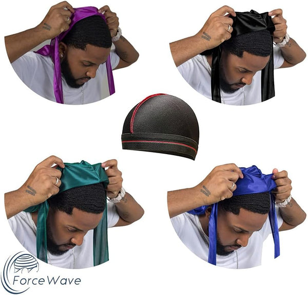 4PCS Silky Durags for Men Women 360 Waves with 1 Wave Cap, Silky Satin Durag Extra Long Tails Black Blue Green Purple
