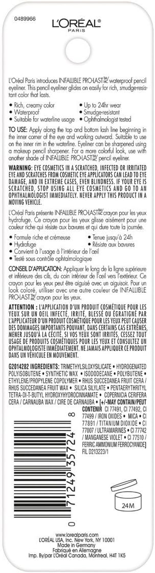 L'Oreal Paris Cosmetics Infallible Pro-Last Waterproof Pencil Eyeliner, Black, 0.042 Ounce,1 Count