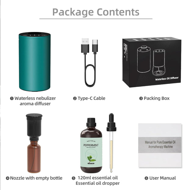 Waterless Essential Oil Diffuser Starter Kit - No Water Needed, Battery Operated Scent Diffuser Included 120ml Essential Oil, Portable Mini