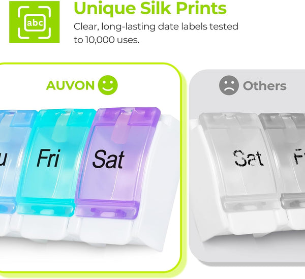 AUVON Weekly Pill Organizer Arthritis Friendly, BPA Free Travel 7 Day Pill Box Case with Spring Open Design and Large Compartment to Hold