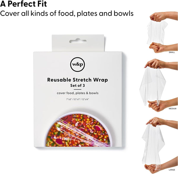 W&P Reusable Silicone Stretch Wrap, 1 Box with 3 Wraps (7x8, 10x11, 13x14), Oven, Dishwasher, Microwave & Freezer Safe, BPA Free Stretch Wrap Set