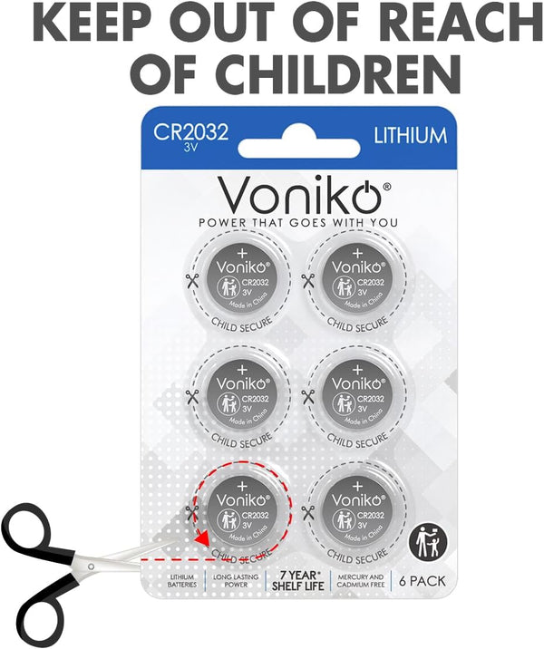 Voniko CR2032 3V Lithium Batteries 6 Pack for Child Safety, Compatible with AirTag, Key Fobs, Thermometers, Scales – 7 Years Shelf Life 6 Count