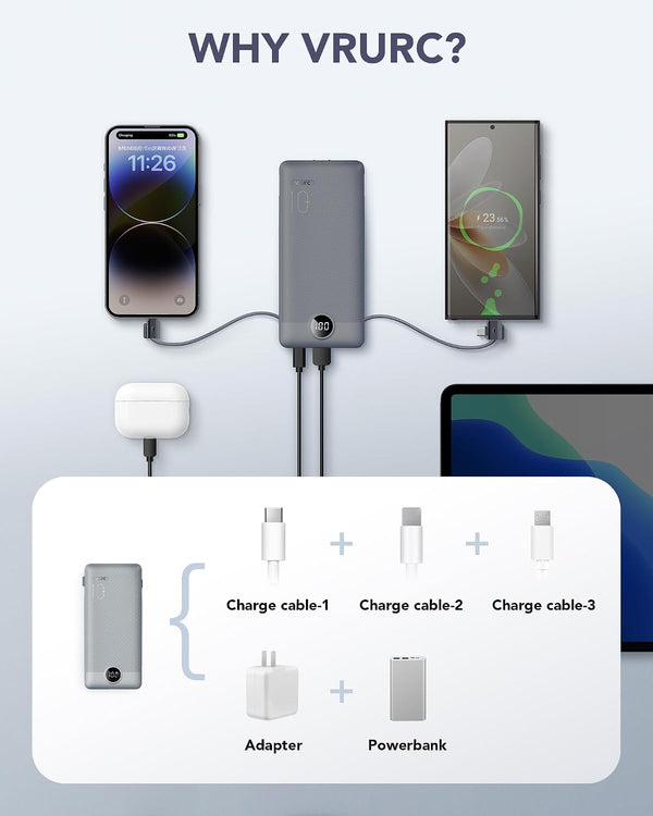 VRURC Portable Charger Built-In Cables and AC Wall Plug, USB C Power Bank 10000Mah, Travel Battery Portable Phone Charger Compact Lightweight