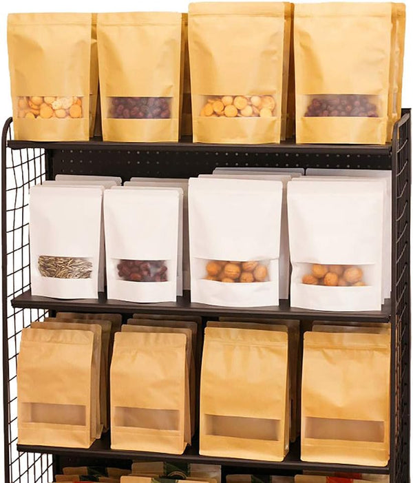 50Pcs Resealable Kraft Paper Stand Up Pouches with Window - 3.5" x 5.5" Small Food Storage Bags with Zip Lock - Heat Sealable Brown Paper Bags for