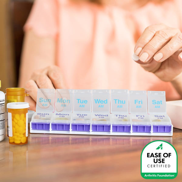Ezy Dose Weekly (7-Day) AM/PM Pill Organizer, X-Large Case, Blue/Purple | Daily Vitamin Box & Supplement Medicine Planner, 2 Times a Day Push