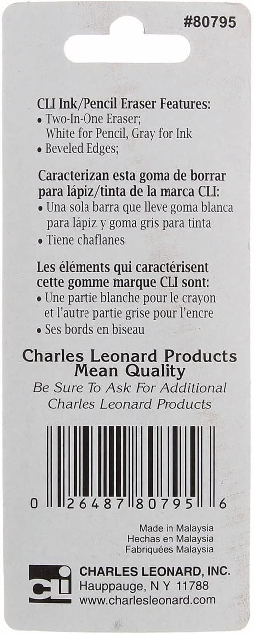 Charles Leonard 2 Sided Ink and Pencil Eraser, Gray/White (80795)