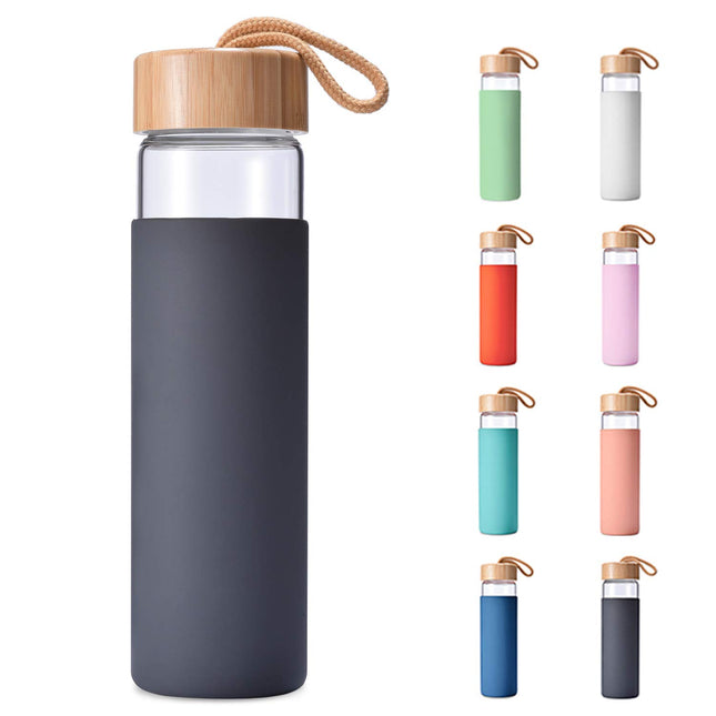 20 Oz Borosilicate Glass Water Bottle with Bamboo Lid and Silicone Sleeve â Reusable BPA Free Drinking Bottle with Lid
