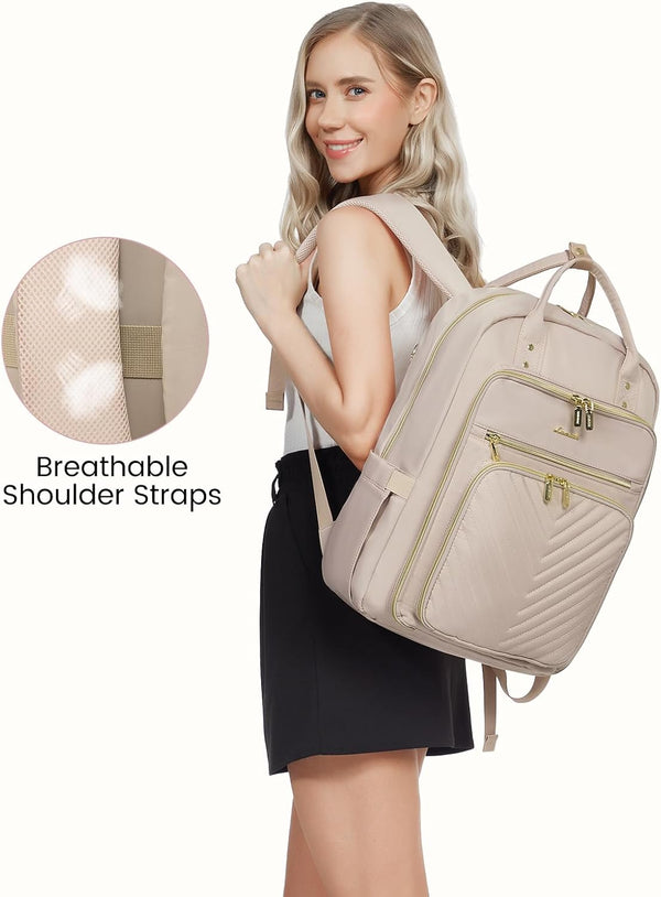 LOVEVOOK Laptop Backpack Women Teacher Backpack,15.6 Inch Laptop Bag with USB Port,Waterproof Daypack for Work Travel Antiquewhite