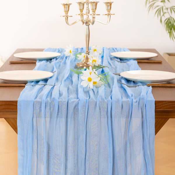 Socomi Blue Summer Cheesecloth Table Runner Light Blue Boho Rustic Gauze 120 Inch 10FT Cheese Cloth Runner for Wedding Party Baby Shower Birthday