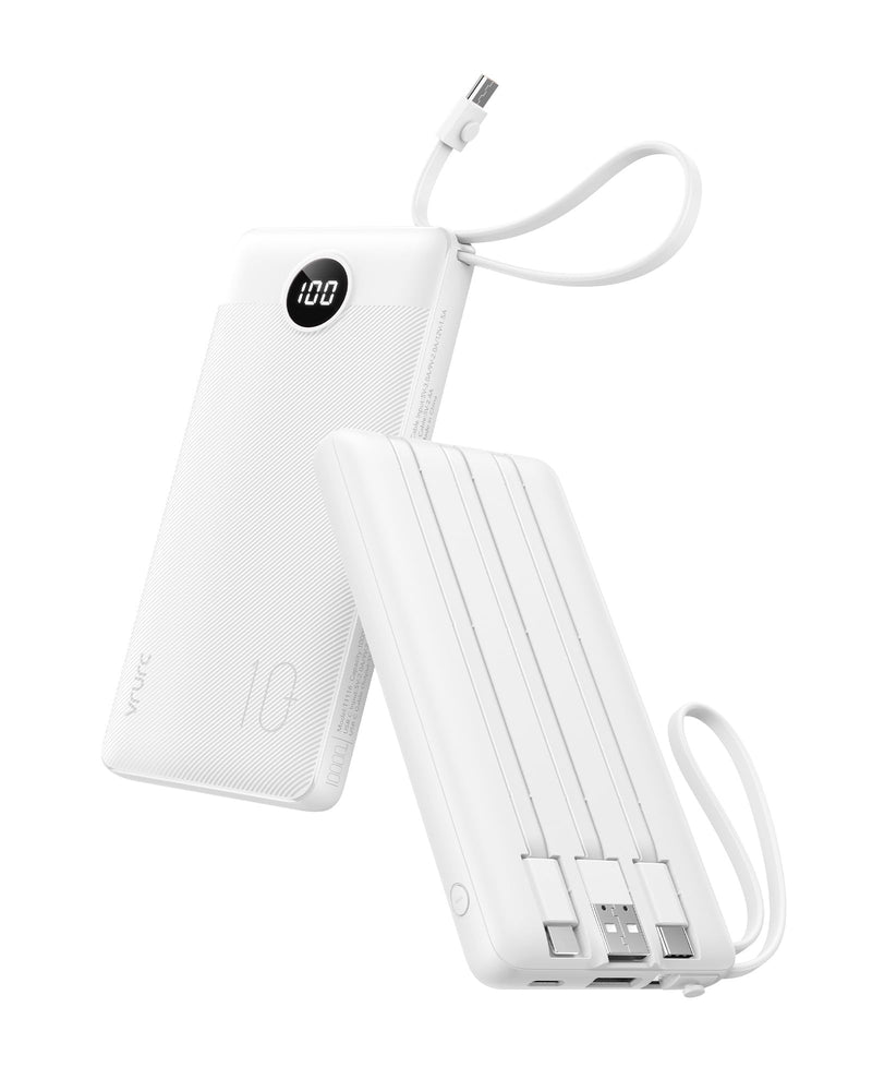 VRURC Portable Charger, Slim Power Bank Built-in 4 Cables, Travel Essential White