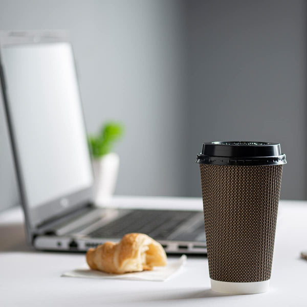 GUSTO [100 Count] Disposable Plastic Dome Lids for 10, 12, 16, & 20 Oz. Paper Hot Coffee Cup - Black (Formerly Comfy Package)