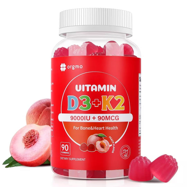 D3 K2 Vitamin 9000 IU Supplement Gummies for Women Adult Muscle Teeth Immune Support Sugar Free 90 Counts, Peach Flavor