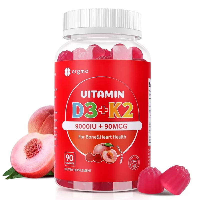 D3 K2 Vitamin 9000 IU Supplement Gummies for Women Adult Muscle Teeth Immune Support Sugar Free 90 Counts, Peach Flavor