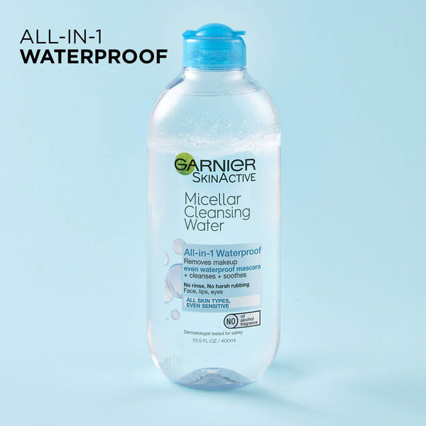 Garnier Micellar Water For Waterproof Makeup, Hydrating Facial Cleanser & Makeup Remover, Suitable for Sensitive Skin, Vegan, Cruelty Free, 13.5