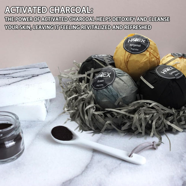 Bath Bombs, HZEX 6 Large Natural Luxury Charcoal Bathbomb Fizzes for Men Women, 