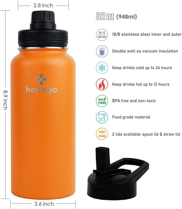 32 oz Powder Coated Double Wall Vacuum Insulated Sports Water Bottle, 18/8 Stainless Steel Wide Mouth Thermal Flask with Straw Lid & Spout Lid,