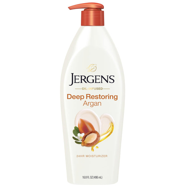 Jergens Deep Restoring Argan Oil Body Lotion For Dry Skin, 16.8 fl oz | Vitamin E, Restores Hydration, Long-Lasting Moisture, Lightweight Feel,
