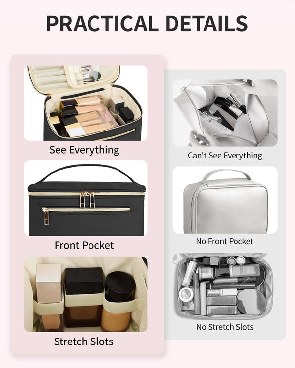 Wandering Nature Large Makeup Bag, Travel Make up Organizer Cosmetic Brush Bags Case for Women in Fabric,Black,Patent Pending