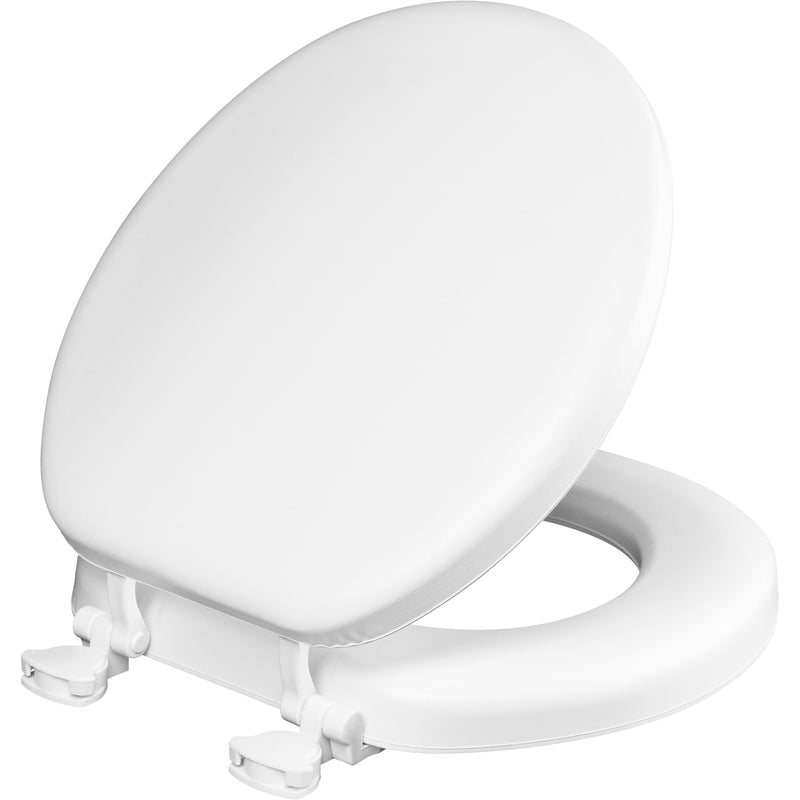 Mayfair Padded Toilet Seat, Cushioned Soft Vinyl over Wood Core Seat, Secure Hinges, Easy Clean, Made in USA, Round, White Round White Toilet Seat