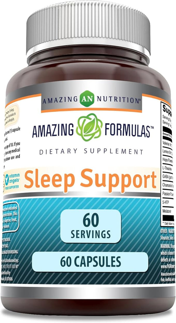 Amazing Formulas Sleep Support | Blend of Melatonin, Valerian Root, Chamomile Extract, GABA, 5-HTP, Theanine & More | 60 Capsules Supplement |