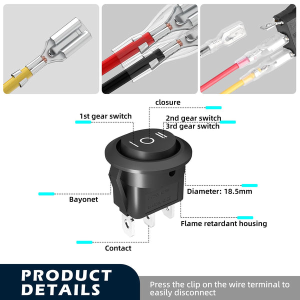 Round Rocker Switch, 3 Way Toggle Switchs, AC 125V 10A AC 250V 6A Waterproof Toggle Switch, 8 Pack Toggle Switch, Rocker Switch, with 4 Pack Shell