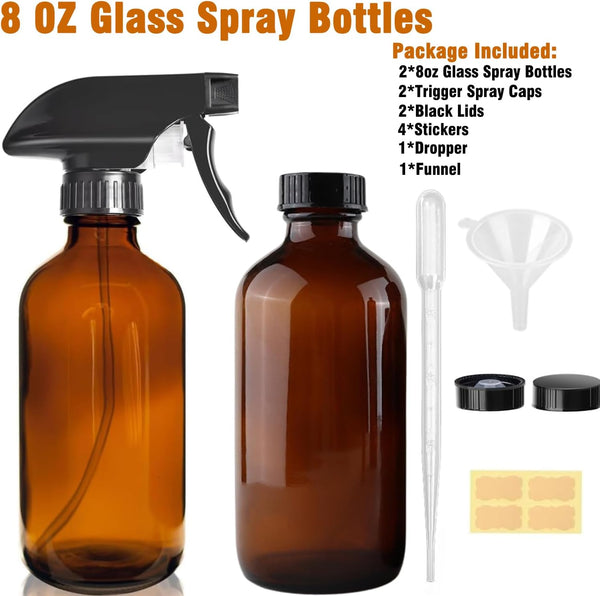 LANBEAUTIFY 8oz Amber Glass Spray Bottles - 2 Pack Empty Refillable Bottles for Cleaning, Hair Care, Essential Oils, Plants - Includes Durable