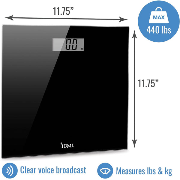 DMI Digital Talking Bathroom Scale, Sleek Tempered Glass, Clinically Accurate Measurements, Large LCD Screen, 440 lb. Weight Capacity 1