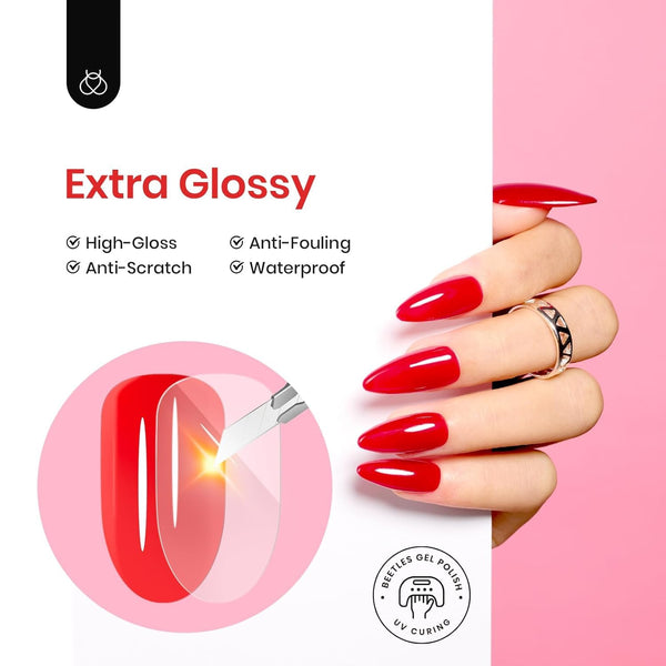 Beetles Extra Glossy Gel Top Coat 1Pcs 15ml | Clear No Wipe Top Coat Gel Polish High Shine Long Lasting Nail Surface Protection Manicure Gifts for