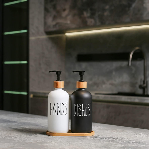 MOMEEMO Soap Dispenser Set, Contains Hand and Dish Soap Dispenser, Suitable for Kitchen Decor. (Black & White) Hd Black White & Tray