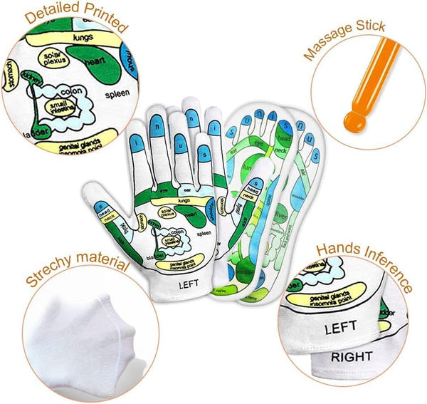 Acupressure Socks and Gloves - 4 Pcs Reflexology Socks with Tools, Tutorial Reflexology Gloves with Massage Sandal, Pain Relief Acupuncture Socks