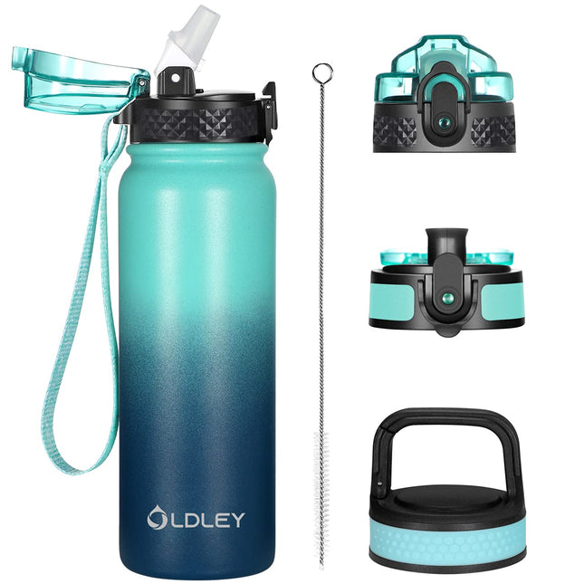 Oldley Insulated Water Bottle 20Oz for Adults Kids Stainless Steel Water Bottles with Straw/Chug/Carabiner 3 Lids Fruit 