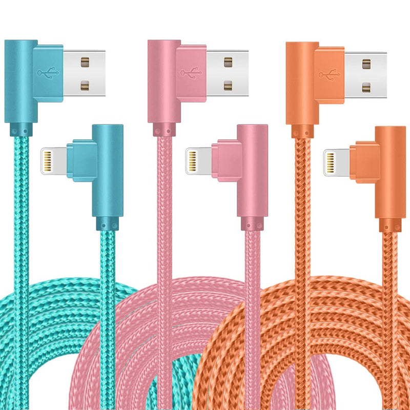 Iphone Charger, 3 Pack 10FT 90 Degree Charging Cable Mfi Certified USB Lightning Cable Nylon Braided Fast Charging Cord Compatible for Iphone