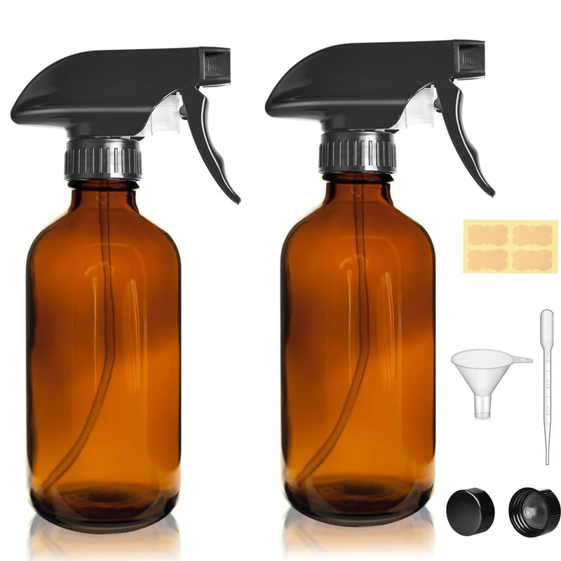 LANBEAUTIFY 8oz Amber Glass Spray Bottles - 2 Pack Empty Refillable Bottles for Cleaning, Hair Care, Essential Oils, Plants - Includes Durable