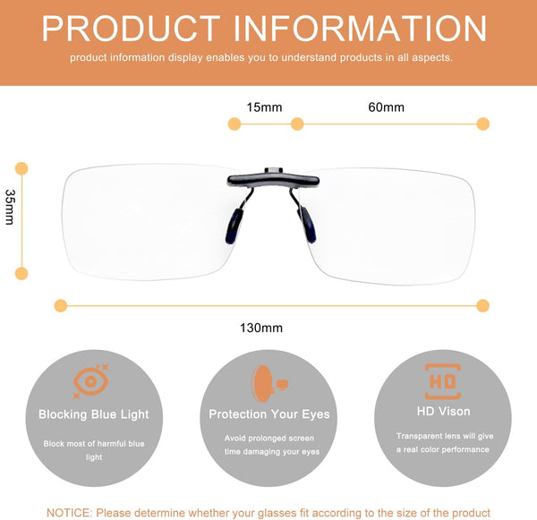 FONHCOO Clip on Blue Light Blocking Glasses Womens Mens over Prescription Glasses Frameless Lens Transparent