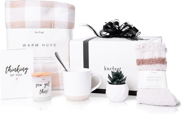 Lovebug Get Well Soon Gift Basket for Women â after Surgery Gifts, Feel Better Care Package with Blanket, Candle, Socks, Mug, Spoon, Succulent â