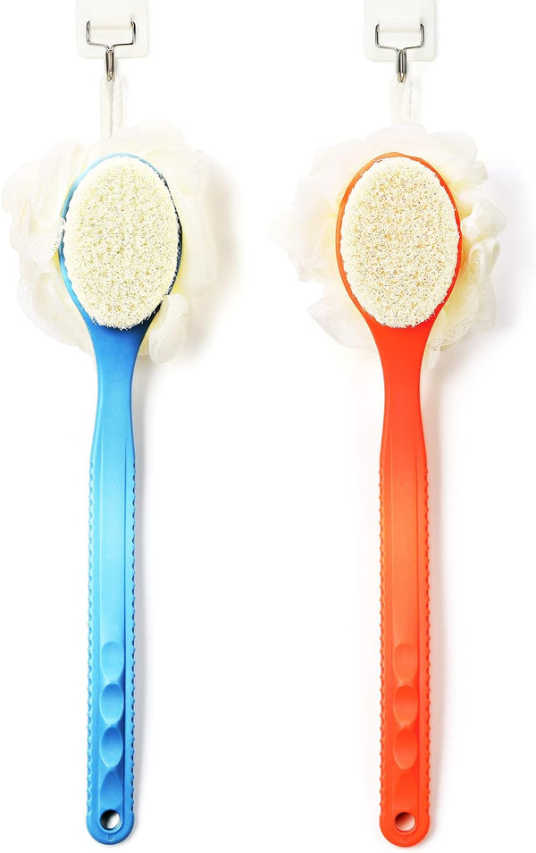 Shower Body Brush Bristles & Mesh Loofah Sponge,Curved Handle Back Scrubber Blue