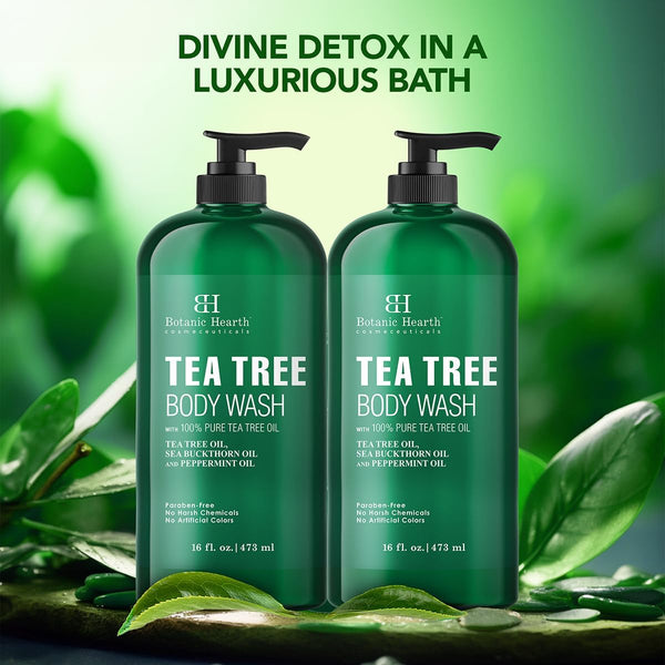 Botanic Hearth Tea Tree Body Wash, 16 Fl Oz (473 ml) Pack of 2 | With Tea Tree Oil, Peppermint & Sea Buckthorn | Gently Cleanses, Refreshes &