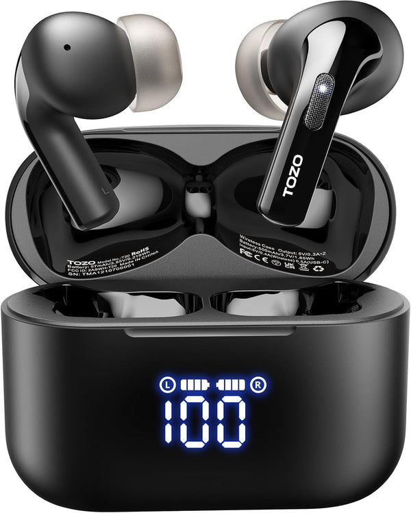 TOZO T20 Wireless Earbuds Bluetooth Headphones 48.5 Hrs Playtime with LED Digital Display, IPX8 Waterproof, Dual Mic Call Noise Cancelling 10Mm