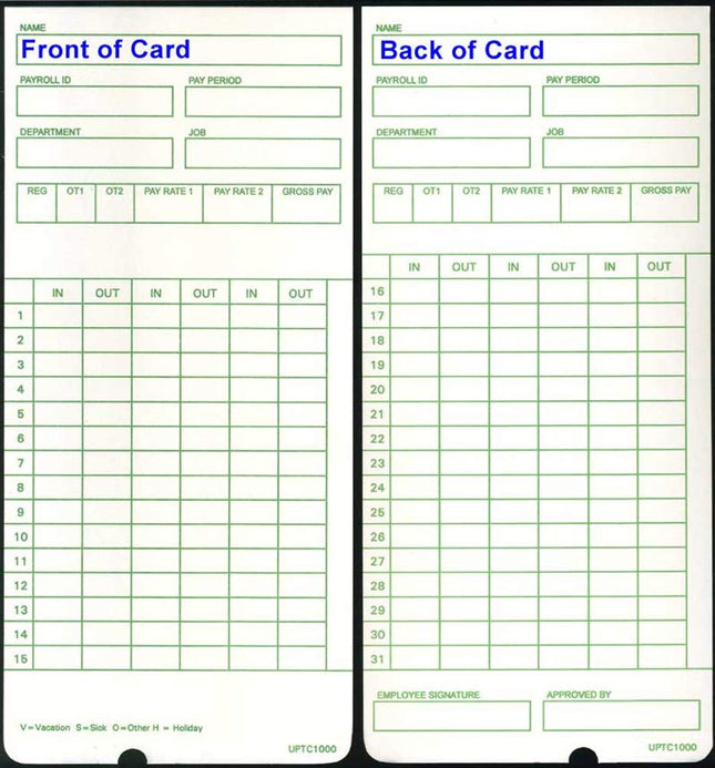 50 Uptc1000-1 Compatible Time Cards for Non-Calculating Upunch HN3000 Autoalign Time Clock (Fits HN1000, HN1500, HN3000,