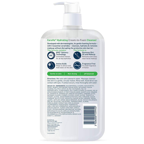 Cerave Hydrating Cream to Foam Cleanser, Makeup Remover Face Wash for Dry Skin, Foaming Facial Cleanser with Hyaluronic Acid, Normal to Dry Skin,