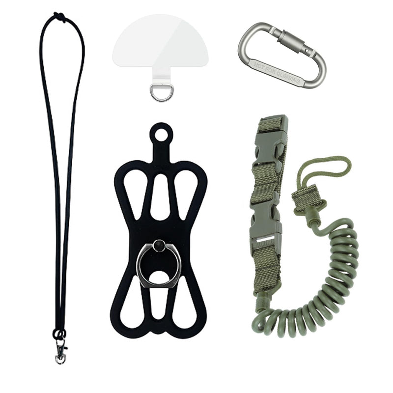 Universal Phone Lanyard Holder, Fishing Phone Tether+Ring Grip, Phone Leash Tactical Pistol Lanyard+Clip for iPhone Army Green