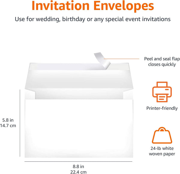 Amazon Basics A9 Blank Invitation Mailing Envelopes, Peel & Seal, No Licking, 5-3/4 x 8-3/4 Inches, White, Pack of 100 100-Pack