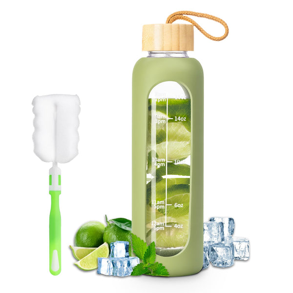 FrutPunch 18 OZ Glass Water Bottles, Water Bottle with Time Marker (Green) | Leakproof Glass Water Bottles with Silicone Sleeves, Suitable for