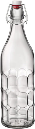Bormioli Rocco Set of 2 Moresca Bottles, 33.75 Oz. Clear Textured Glass, with Swing Top Hermetic Lid, Leak Proof Water Bottle, Dishwasher Safe,