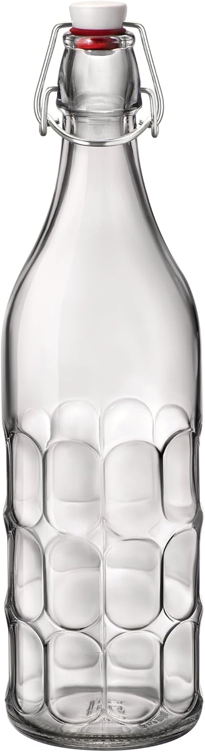 Bormioli Rocco Set of 2 Moresca Bottles, 33.75 Oz. Clear Textured Glass, with Swing Top Hermetic Lid, Leak Proof Water B