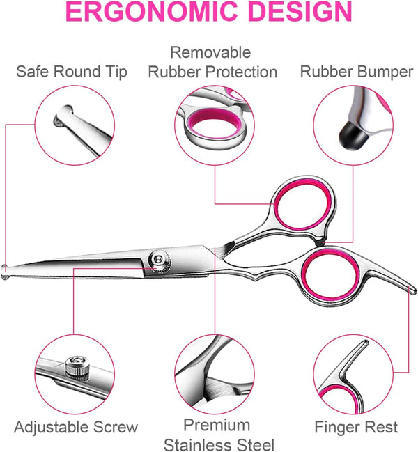 5 In1 Dog Grooming Scissors Kit, Professional Dog Scissors for Grooming with Safety round Tips, Titanium Coated Grooming Shears for Dogs Cat Pet