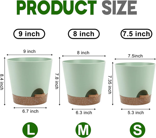 YNNICO Indoor Self Watering Planters with Drainage Holes and Saucers, 9,8, 7.5 Inches, Green, 3 Pots (Springgreen) 9+8+7.5 inch Springgreen